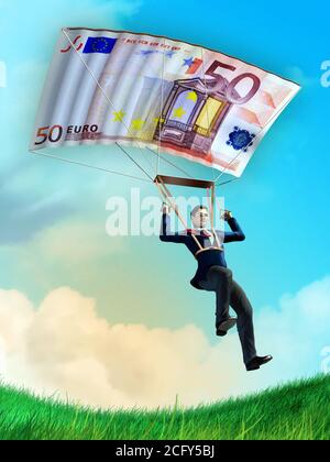 Geschäftsmann, der eine Euro-Rechnung als Fallschirm verwendet. Digitale Illustration. Stockfoto