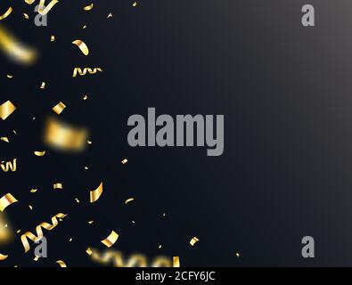 Goldener Konfetti-Rahmen auf dunklem Hintergrund. Fallende glühende Gold Konfetti Grenze. Partykulisse. Leuchtend goldenes festliches Lametta. Design-Elemente für den Urlaub Stock Vektor