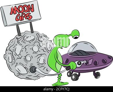 Cartoon Alien Füllen des Tanks seines Raumschiffs Vektor-Illustration Stock Vektor