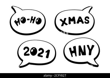 Urlaub Cartoon Comic Rede Blase Sticker Sammlung mit verschiedenen Nachrichten HO-HO XMAS HNY 2021. Frohe Weihnachten und Happy New Year Label Set eps Vektor-Illustration Stock Vektor