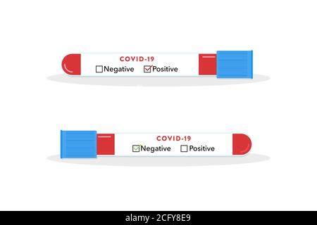 Reagenzgläser für die Coronavirus-Diagnose. Covid-19-Test. Positives Ergebnis. Negatives Ergebnis. Blutproben eines Patienten. Weltweite Pandemie-Infektion. Stock Vektor