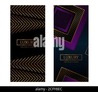 Modernes Design vertikal Luxus Banner. Abstrakter Hintergrund mit dunklen Quadraten auf einem schwarzen. Leuchtend goldene Streifen. Vektorgrafik. Stock Vektor