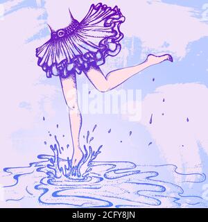 Handgezeichnete Vektorgrafik. Weibliche Füße laufen durch Pfützen auf einem grunge Hintergrund. Comic-Style Stock Vektor