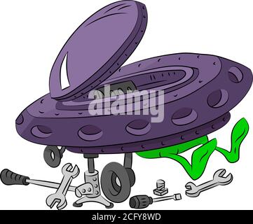 Cartoon Alien Reparatur sein Raumschiff Vektor Illustration Stock Vektor