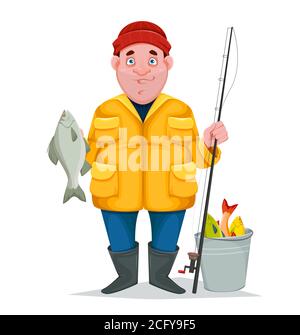 Fischer mit gefangenem Fisch, lustige Zeichentrickfigur. Vektorgrafik isoliert auf weißem Hintergrund Stock Vektor
