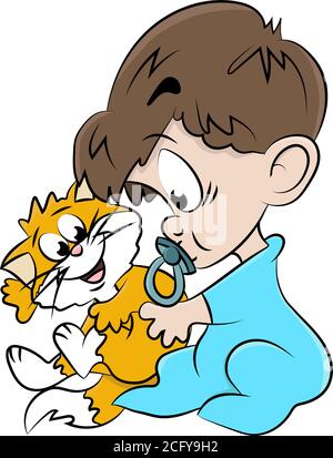 Baby Junge spielt mit seiner Katze Freund Cartoon Vektor Illustration Stock Vektor