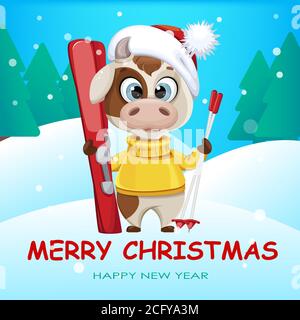 Frohe Weihnachten Grußkarte mit lustigen Stier halten Skier. Cute Stier Cartoon-Figur in Pullover, das Symbol des chinesischen Neujahrs 2021. Vektorillust Stock Vektor