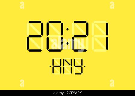 Frohe Weihnachten Weihnachtskarte mit digitaler lcd-Anzeige Uhr Nummer 2021 und HNY schwarzen Buchstaben auf gelbem Hintergrund. Frohe Weihnachten Feier Gruß Kalender Vektor Illustration Stock Vektor
