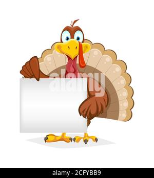 Alles Gute Zum Erntedankfest. Lustige Thanksgiving Türkei Vogel mit leerem Plakat. Vektorgrafik auf weißem Hintergrund Stock Vektor