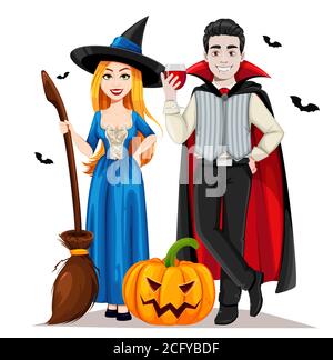 Frohe Halloween. Fröhliche Vampir und schöne Hexe Comic-Figuren. Vektorgrafik auf weißem Hintergrund Stock Vektor