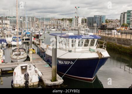 Marine Biological Association Forschungsschiff 'Sepia' in Sutton Harbour, Plymouth, Devon, England, Vereinigtes Königreich. Stockfoto