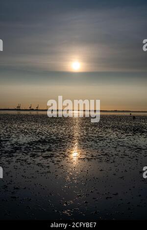 Blick auf das wattenmeer der Nordsee bei Ebbe bei Sonnenuntergang bei Tossen, deutschland Stockfoto