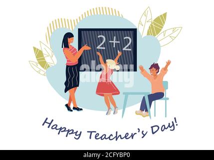 Banner oder Kartenvorlage für Teachers Day mit Schulkindern und Lehrer im Klassenzimmer. Begrüßung für Pädagogen. Stock Vektor