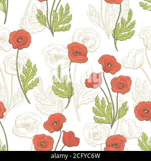 Poppy Blume Grafik Farbe nahtlose Muster Skizze Illustration Vektor Stock Vektor