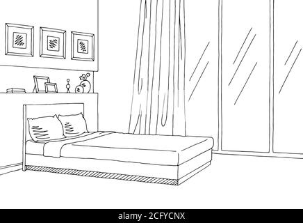 Schlafzimmer Grafik schwarz weiß Innenraum Skizze Illustration Vektor Stock Vektor