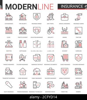 Versicherung flach dünne rote schwarze Linie Symbol Vektor-Illustration Set mit Outline Assurance Infografik App Symbole der Versicherung für Familiengesundheit, Hauseigentum oder Autotransport, Geschäftsfinanzierung Stock Vektor