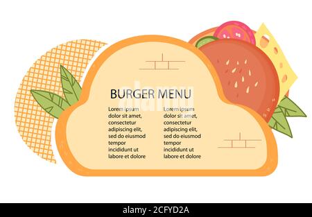 Burger-Menüvorlage mit Hamburger-Zeichen und Platz für Text. Fast-Food-Küche Restaurant oder Café-Menü. Stock Vektor