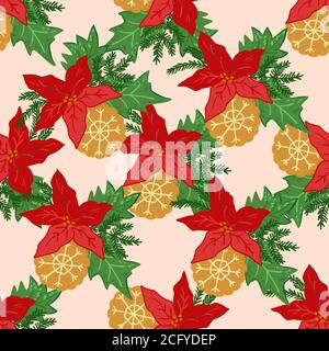 Weihnachten nahtlose Muster mit Poinsettia Blume und Blätter, Cartoon-Vektor. Stock Vektor