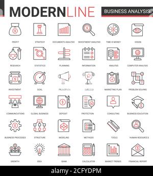 Business Analytics flach dünne rote schwarze Linie Symbole Vektor Illustration Set, Geschäftsmann Analyst Tools für die digitale Analyse Aktienmarktinformationen, Consulting-Strategie umreißen Web-Symbole Sammlung Stock Vektor