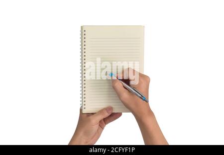 Design-Konzept, Hand mit Stift Schreiben leer in einem Notebook isoliert auf weißem Hintergrund. Mit Clipping-Pfad Stockfoto