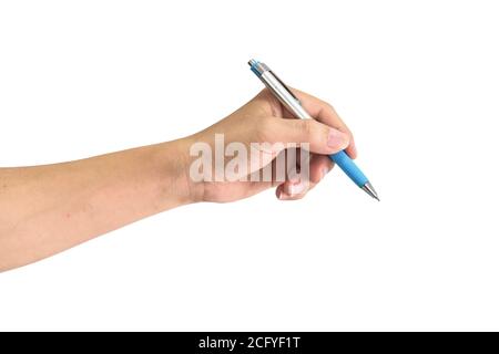 Hand halten Stift und Schreiben isoliert auf weißem Hintergrund. Mit Clipping-Pfad Stockfoto