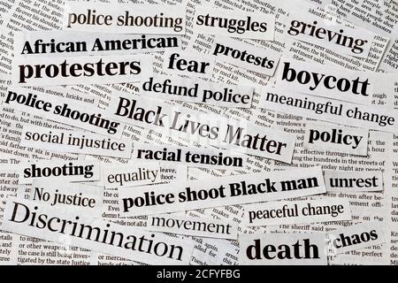 Black Lives Matter protestiert Zeitungsschlagzeilen. Konzept von Rassismus, Ungleichheit, Sozialreform und Gerechtigkeit Stockfoto