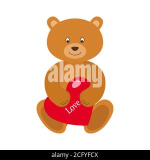Teddybär mit rotem Herz isoliert auf weißem Hintergrund. Valentinstag-Konzept. Vektorgrafik Stock Vektor