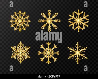 Glitter Gold Schneeflocken auf transparentem Hintergrund gesetzt. Glitzernde goldene Schneeflocke mit Glitzer-Textur. Grußkarte zu Weihnachten und Neujahr. Golden Stock Vektor