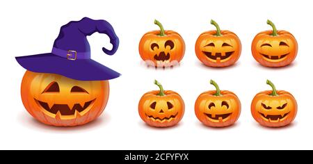 Setzen Sie Kürbis auf weißen Hintergrund. Das Hauptsymbol des Happy Halloween Feiertags. Orange Kürbis mit Lächeln und Hexenhut für dein Design für die Stock Vektor