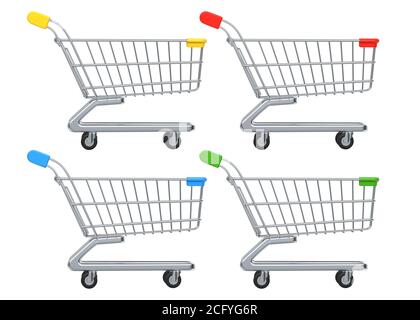 Seitenansicht der farbigen Shopping Carts und Trolleys. 3D-Rendering-Illustration isoliert auf weißem Hintergrund Stockfoto