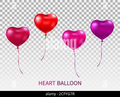 Realistische Herz geformte Ballons auf transparentem Hintergrund isoliert gesetzt. Roter, rosa und lila glänzender Ballon mit Bändern. Fliegende Herzensleine Stock Vektor