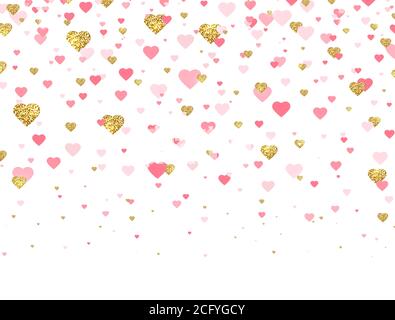 Glitter Gold und rosa Herzen Hintergrund. Design-Element am Valentinstag. Helle Doodle Herz Konfetti. Romantisches Tapetendesign mit Symbol der Liebe Stock Vektor