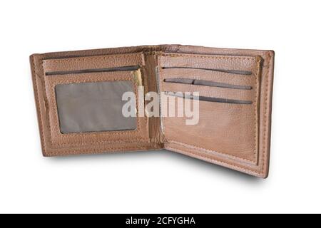 Alte braune Brieftasche isoliert auf weißem Hintergrund. Stockfoto