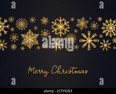 Weihnachtshintergrund mit Glitzer Gold Schneeflocken und Hand-Schriftzug. Glänzendes Band mit goldenen Schneeflocken. Frohe Weihnachten Frohes Neues Jahr Banner Stock Vektor