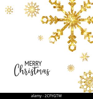 Weihnachtskarte mit goldenen Schneeflocken und Handschriftzug auf weißem Hintergrund. Goldene Glitzer Schneeflocke mit Glitzer und Stern. Winter Urlaub Design für Stock Vektor