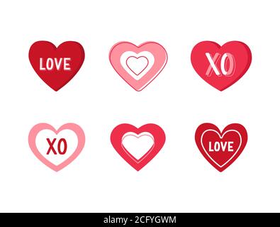 Herz-Etikett, Anhänger, Aufkleber-Set. Farbherzen mit handgezeichneten Schriftzügen und verschiedenen Ornamenten. Sticker aus Papier in Herzform. Love Icon. Romantisch Stock Vektor