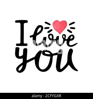 Ich liebe dich-handgezeichnetes Lettering-Zitat mit Aquarell-Herz. Valentinstag Grußkarte mit Kalligraphie. Romantische handgeschriebene moderne Bürste Stock Vektor