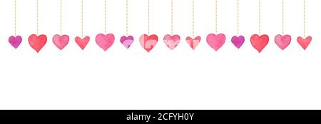 Aquarell Herzen Girlande auf weißem Hintergrund. Grenze zum Valentinstag. Romantisches Design mit hängenden Herzen. Weihnachts-Textur für Grußkarte, Hochzeit Stock Vektor