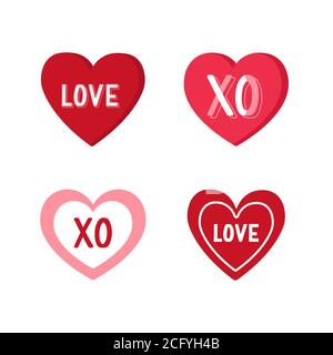 Herz-Sticker-Set. Farbetikett, Anhänger Herzen mit handgezeichneter Schrift und verschiedenen Ornamenten. Sticker aus Papier in Herzform. Love Icon. Romantisches Design Stock Vektor