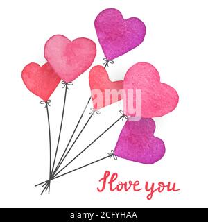 Aquarell handgezeichnete rote und rosa Herz Ballons mit handgeschriebenen Zitat Ich liebe dich. Handgemachte Valentinskarte. Romantisches Design-Element für Stock Vektor