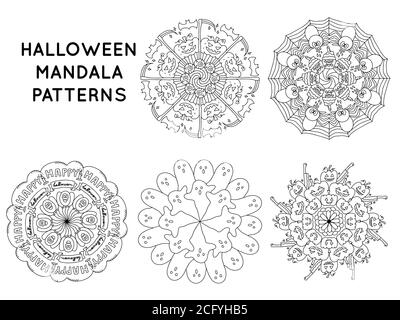 Halloween Mandala Umrisse Muster für Malbücher Stock Vektor