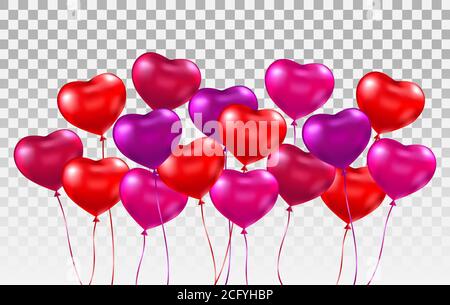 3D realistische Herz Ballons Set. Bündel von glänzenden roten, rosa, lila Herz Ballons auf transparentem Hintergrund. Feiertagshintergrund mit fliegenden Ballons Stock Vektor