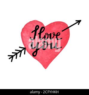 Aquarell handgezeichnetes Herz mit Pfeil und handgeschriebener Phrase Ich liebe dich. Handgemachte Valentinskarte. Romantisches Zitat Ich liebe dich. Moderner Bürstenstift Stock Vektor