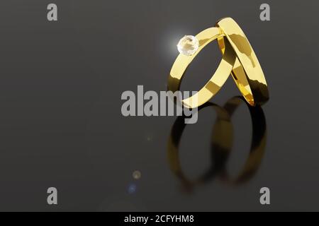 Paar goldene und diamantene Eheringe isoliert auf dunklem Hintergrund. 3d-Illustration. Stockfoto