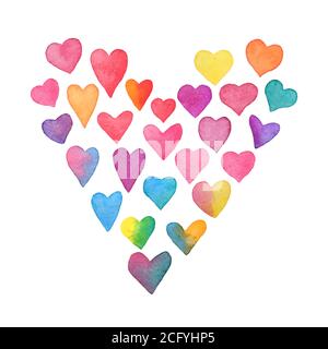Aquarell Regenbogen Herzen. Herzförmiger Rahmen auf weißem Hintergrund isoliert. Sammlung von handbemalten Farbe Herzen. Valentinskarte. Vektor Stock Vektor