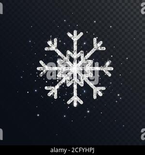 Glitzer silberne Schneeflocke auf dunklem transparentem Hintergrund. Strahlendes Weihnachtsdesign mit Funkeln und Sternen. Winterurlaub Luxus Dekoration für Karten Stock Vektor