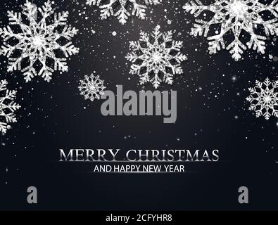 Weihnachtshintergrund mit silbernen Glitzer Schneeflocken, fallenden Teilchen, Sternen. Frohe Weihnachten und Frohes Neues Jahr Banner. Luxuriöse festliche Grußkarte Stock Vektor