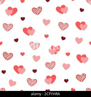 Herztextur auf weißem Hintergrund. Hand gezeichnete Herzen nahtloses Muster. Valentinstag Geschenkpapier. Helle Doodle Herz Konfetti. Romantische Tapete Stock Vektor