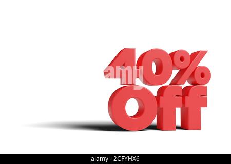 Text '40 % Rabatt' in 3 Dimensionen auf weißem Hintergrund. 3d-Illustration. Stockfoto