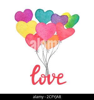 Aquarell handgezeichnete Herzballons mit handgeschriebenem Text Ich liebe dich. Handgemachte Valentinskarte. Romantisches Design-Element für Grußkarte Stock Vektor